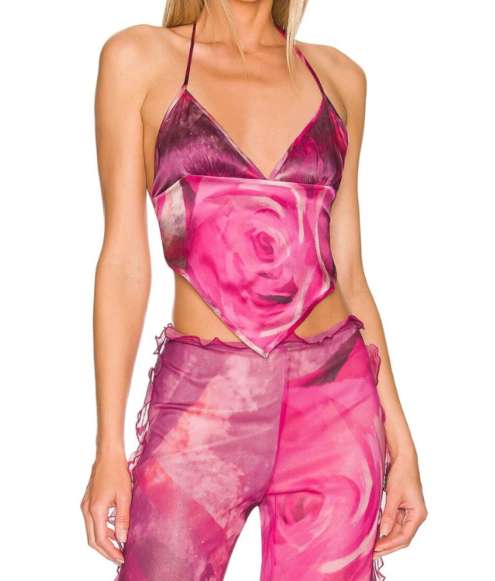 Kim Shui Pink Tie Back Halter Crop Scarf Top